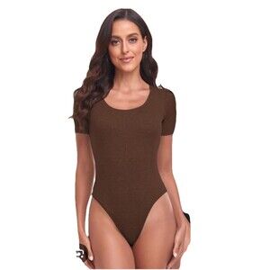 TownCat XL Women’s Round Neck Short Sleeve Bodysuit Stretch Sexy Jumpsuit Brown